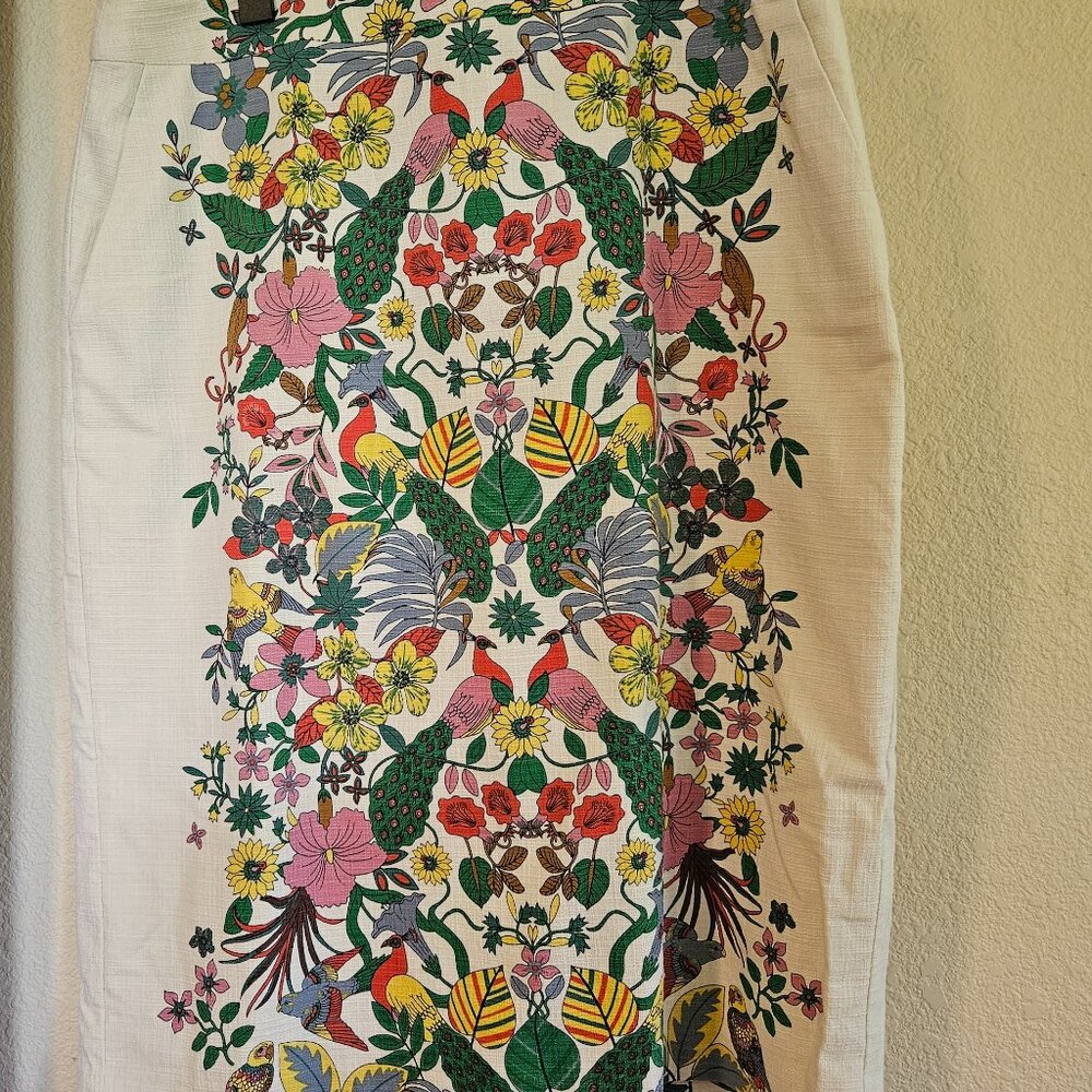 Boden White Pencil Skirt with Multicolor Botanical & Bird Print